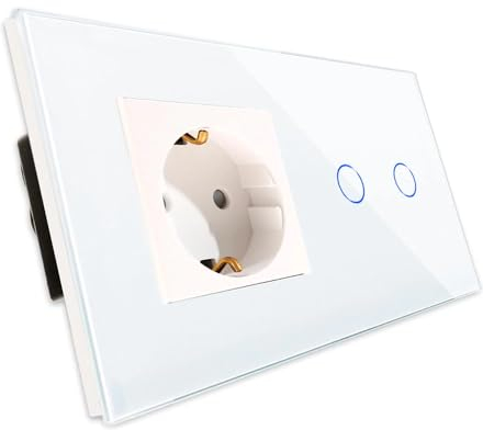 PULSAR Touch Lichtschalter Doppelt mit Steckdose 2 Fach Glas Weiß - Serienschalter Touch Lichtschalter 110V - 240V mit Status-LED - Schuko Steckdose Unterputz 230V 16 A