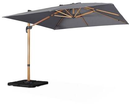 sweeek - Parasol déporté carré gris 3x3m structure effet bois + Lot de 4 dalles à lester 50x50cm