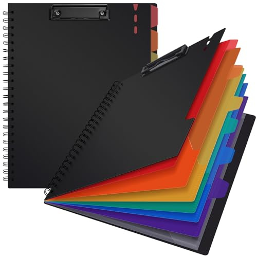Uquelic Carpeta Portapapeles A4 con Almacenaje, Organizador de Proyecto con 6 Bolsillos de Doble Cara y Bolsillo con Cremallera, Pack de 2, Carpeta Plástica para Oficina y Escuela