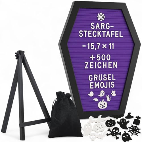 MIJOMA Coffin Pegboard Letter Board with Over 500 Characters, Creepy Emojis and Wooden Stand - 40 x 28.5 cm - Gothic Letterboard Halloween Decoration, Scary Halloween Gift (Purple)