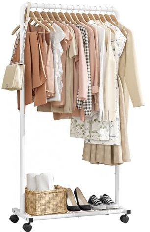 Sakugi Clothes Rail - Movable Clothes Rack with Bottom Shoes Shelf, Heavy-Duty Clothing Rail for Hanging Clothes, Coats, Dresses, Clothes Rail for Bedroom, Closet, Laundry (White, 72x43x149cm)