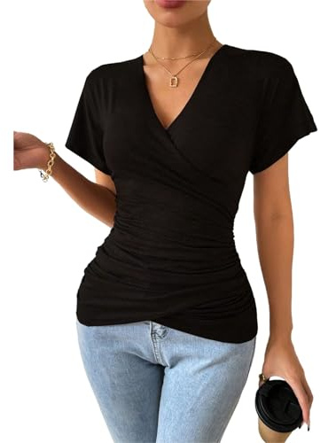 YNIQUE Camisetas Sexy Escote en V para Mujer, Blusa Manga Corta Verano, Elegante Casual Básico Top, Camiseta Moda de Color Sólido