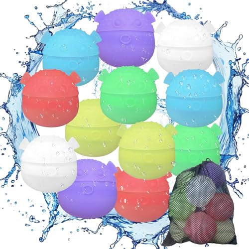 12 Pièces Bombes À Eau Réutilisables, Porcin Ballons Bombes D'eau à Fermeture Automatique avec Sac en Filet Remplissage Rapide Water Balloon pour Enfants et Adultes,Jardin,Plage Fête Piscine D'été