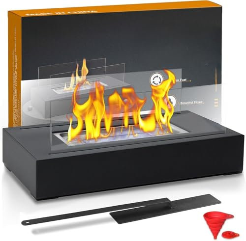 Euakee Tischkamin, Tischfeuer für Indoor & Outdoor, Bio Ethanol Kamin mit 4-Fach-Sicherheitsglas, 1h Brenndauer, Ethanol Tischkamin für Wohnzimmer, Balkon Deko, Gartendeko