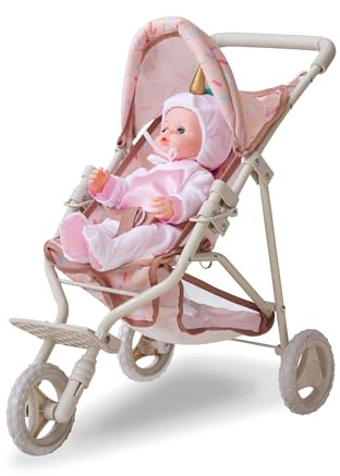 Teamson Kids Cochecito de muñecas Jogging Beige con Estampado Confeti, Capota, Mango Suave, arnés y Cesta para Juego afectuoso