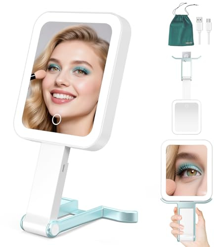 Mocado Makeup Mirror with Light, Double Sided 1X/10X Magnifying Makeup Mirror Rechargeable Tabletop Vanity Mirror with 3 Color Light, Dimmable Touch, Handhold & Travel, 13.2cm(Blue)