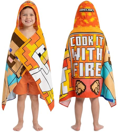 Get Trend Minecraft Hooded Towels for Boys, Cotton Bath & Beach Towel Poncho, Soft & Absorbent Hooded Kids Shower Swimming Wrap & Changing Robe, Pool, Travel & Holiday Essentials (Multi Minecraft)