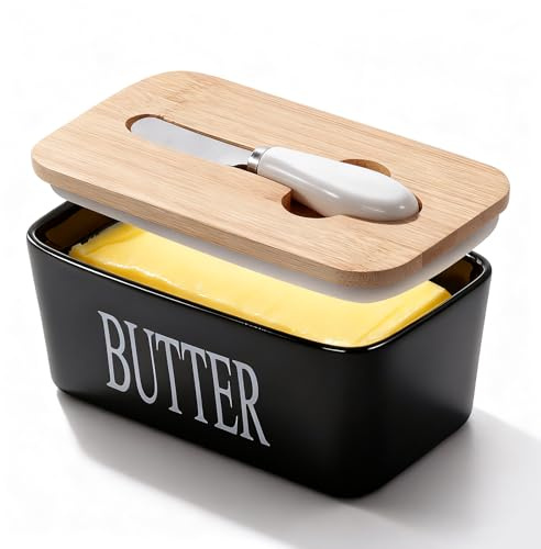 GVUHR Ceramic Butter Dish with Lid And Knife，Airtight Butter Crock with Lid for Countertop，Premium Large Butter Container for Refrigerator，Butter Tray for Butter Storage (Black)