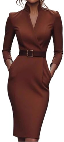 Ellunis Women's Work Dress Long Sleeve V Neck Bodycon Sheath Dress Zipper Up Office Business Dresses with Belt