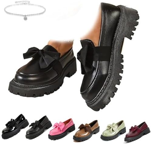Mocasines cómodos para mujer con lazo, zapatos de vestir de charol con tacón grueso, elegantes puntera redonda, plataforma antideslizante, suela de lengüeta, zapatos casuales para el trabajo, la