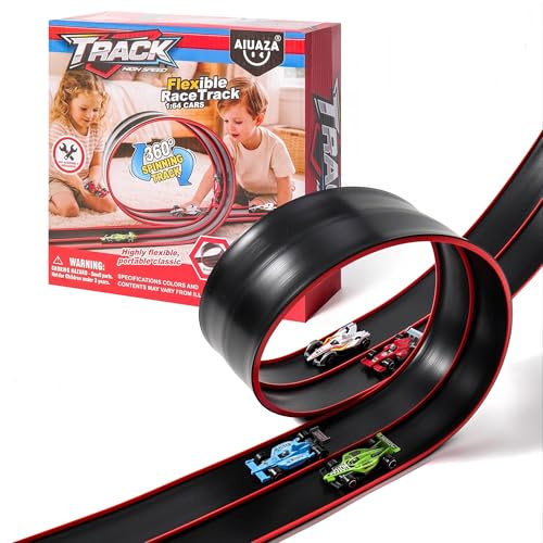 AIUAZA 4,57 m flexibel racerbaneleksak för barn från 3 år, flexibelt racerbana-startset med starka sugkoppar – Kompatibel med pressgjutna bilar i skala 1:64, hoprullbar bärbar racerbil