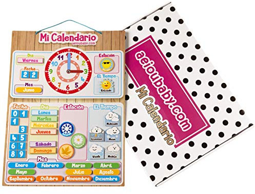 aeioubaby.com Calendario magnético Infantil con Reloj | Juego Educativo para Aprender Hora y Fecha | Calendario para niños 43x32cm para Pared o Nevera | Caja Regalo, Ideal para Aula (Español)