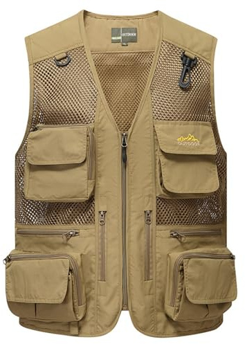 Flygo Men's Mesh Fishing Vest Multi-Pockets Quick-Dry Breathable Waistcoat for Outdoor Hunting Travels Sports (Medium, Khaki)