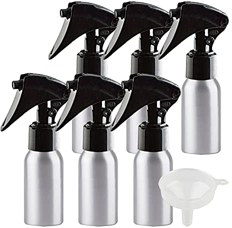 ZEOABSY Pack of 6 Empty 30ml Refillable Spray Bottles, 30 ml Aluminum Misting Bottles Black Trigger Sprayer for Garden, Cleaning, Travel Beauty, Barber Shop Essential + 1 x Funnel
