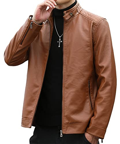 Womleys Mens Casual Stand Collar Faux Leather Jacket Biker Motorcycle Jackets (Brown, Small)