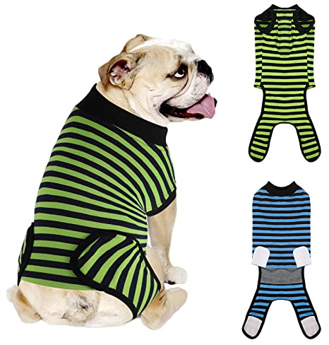 QUEARN 2 Packs Breathable Cotton Dog Recovery Suit for After Neuter Spay Abdominal Wounds Protector, Professional Anti-Licking Onesies for Male Female Pets Surgery Bandages, L Blue & Green Stripes