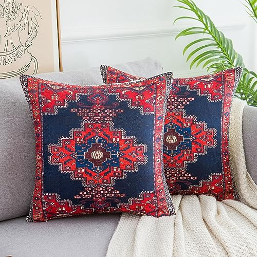 Sofakissen Leinen Deko Kissen Türkisch Boho Antike Marokkanisch Kissenbezug 45 x 45 cm Rot Blau Kissenbezüge Couchkissen Zierkissenbezüge für Sofa, Schlafzimmer, Outdoor, Büro, Auto, 2er-Set