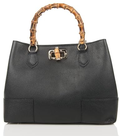 FrasiBags Women's Leather Bag with Bamboo Handles – Made in Italy – Adjustable Shoulder Strap – 34 x 25 x 16 cm, Black, 34x25x16cm