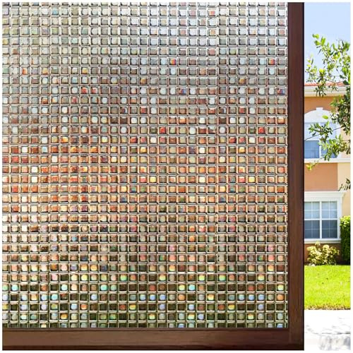 rabbitgoo Window Privacy Film Stained Glass Window Film, Mosaic Rainbow Decorative Glass Cling, Removable Static Cling Tint, Non-Adhesive Privacy Covering for Home, Brown, 17.5 x 78.7 inches