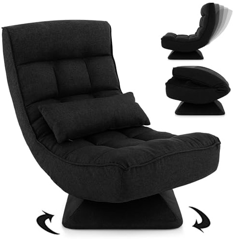 RELAX4LIFE Poltrona da Terra con Base Girevole, Poltrona Relax con Schienale Reclinabile in 4 posizioni, Adatta per Camera da Letto, Ufficio e Soggiorno (71-100 x 63 x 83-92,5 cm, Nero, 1)
