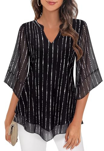 Womens Dressy Casual 3/4 Sleeve Chiffon Blouses for Women UK Double Layered Business Tunic Shirts Lightweight Mesh Blouses Trendy Flattering Tops for Office Business Work