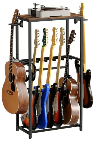 MAHANCRIS Soporte de Guitarra, Estantería para 5 Guitarras de Dos Niveles, para Guitarra Acústica, Guitarra Eléctrica, Bajo, Ukelele, Banjo, Revestimiento Protector de EVA, Marrón AGSHR6501