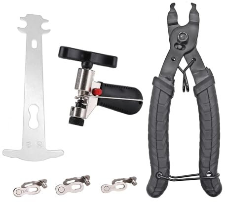 JZK Kit d'outils de réparation de chaîne de vélo avec pince maître maillon, rivets, coupe-séparateur de chaîne, indicateur d'usure de chaîne et connecteurs pour vélos de 6 à 12 vitesses