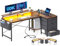 ODK L Shaped Gaming Desk with LED Lights & Power Outlets, 140x80cm Corner Computer Desk with Drawers, Reversible Gaming Table with Monitor Shelf & PC Stand, Rustic Brown