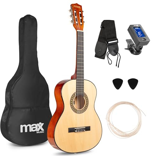 MAX SoloArt - Chitarra 3/4 per bambini a partire da 6 anni, chitarra acustica junior con custodia, plettro, tracolla e accessori per le corde, chitarra 3/4 per bambini dai 6 anni, chitarra in legno