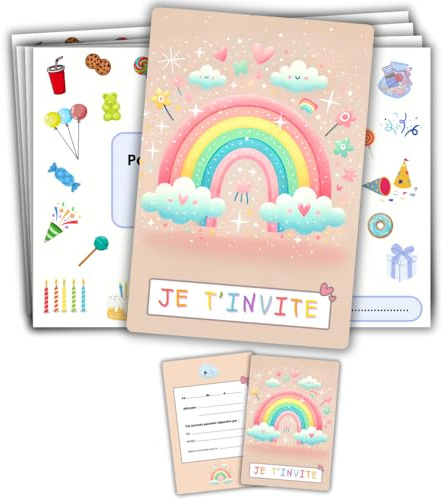 roxisha - Lot de 10 Cartes Invitation Anniversaire Arc-en-ciel + Enveloppes - filles et Ado - Carte Postale 10,4 x 14,8 cm - Préremplies en Français - Idéal pour Fête et Goûter d'Anniversaire