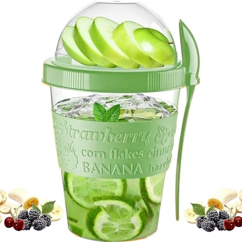 Pro Home Yogurt Pot With Spoon 20oz/600ml Bpa Free Reusable Airtight Dishwasher Safe On The Go Yoghurt Pots With Lids Museli Cereal Cup Containers Overnight Oats Jar Storage (Green)