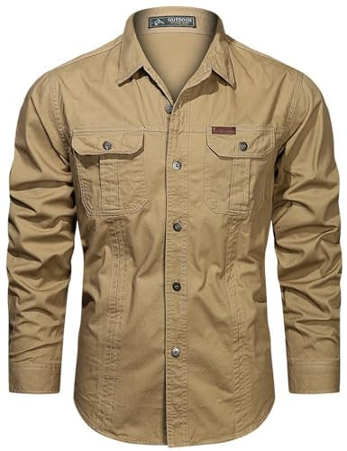 PADOLA Hemd Herren Baumwolle Hemden Langarm Slim Fit Cowboyhemd Stehkragen Westernhemd Taktisches Hemd Outdoor Arbeitshemd Safarihemd Einfarbige Freizeithemden (2 Khaki, M)