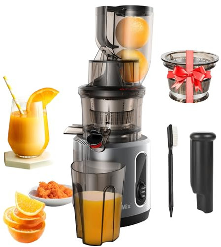Elektrisk juicemaskin, 200 W Slow Masticating Cold Press Juicer med borste, högt juiceutbyte, 75 mm matarränna, 55 rpm kraftfull motor, för hela frukter, grönsaker
