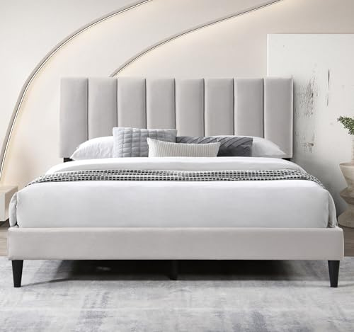 Lit capitonné de 160 x 200 / 140x200 cm, avec sommier à lattes, cadre de lit, lit double avec tête de lit rembourrée avec surpiqûre verticale, cadre robuste, confort de couchage élevé - Beige