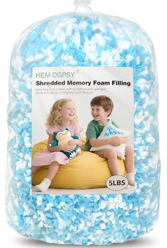 Hem Dgpsy Shredded Memory Foam Filling - Premium Soft Bean Bag Filler, 5lbs Blue & White Pillow Stuffing for Couch Cushion, Dog Bed, Chair - High Density, No Chemical Smell, Easy to Use