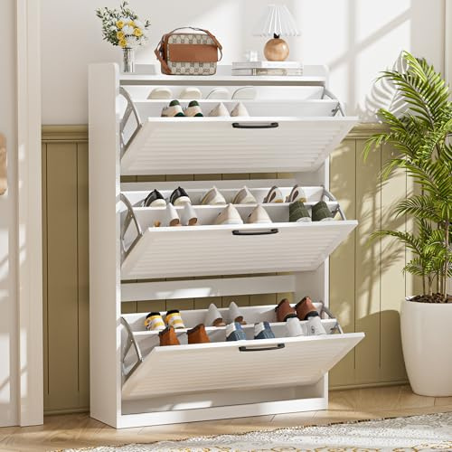 BonVache Mueble para Zapatos Estrecho, Armario basculante con Puerta de persianas, Mueble con 3 abatibles y 6 estantes Ajustables, Almacenamiento de Zapatos de Madera, 80x24x120 cm, Blanco
