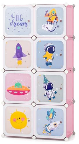GOPLUS Unidad de Almacenamiento Infantil de 8 Cubos con Tema Espacial, Armario Modular con Puertas y Barra para Colgar, Libro de Almacenamiento de Juguetes para el Dormitorio de los Niños (Rosa)