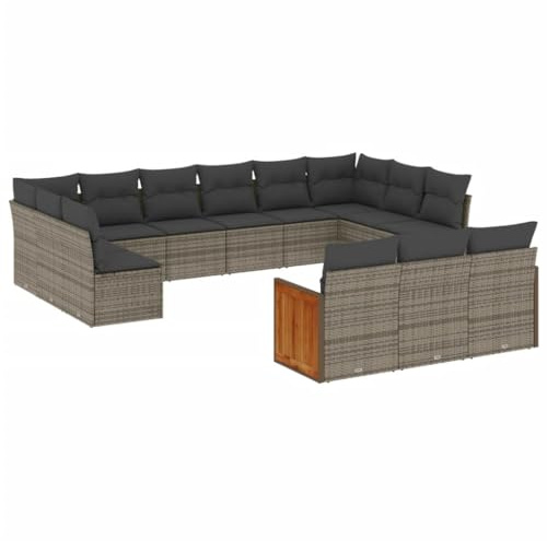 Qnhdfrt Set divano da giardino 13 pezzi con vano portaoggetti, set lounge modulare in rattan PE, mobili da giardino con cuscini, gruppo sedute per terrazzo, grigio, legno di acacia