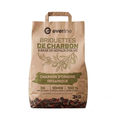 EVERLINE - Briquettes de Charbon à Base de noyaux d'Olives, 3 Kg, Combustible 100% Naturel pour Brasero, Barbecue, Allumage Rapide en 10 Minutes, 3H de Cuisson Maxi, Faible Fumée, sans Additif