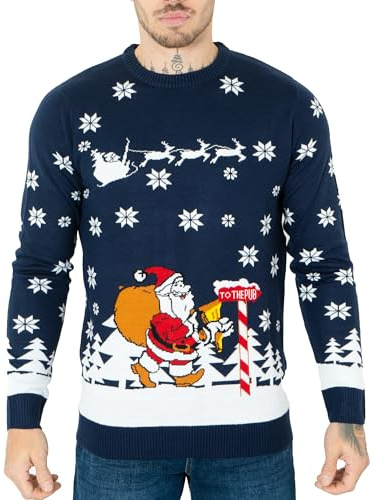 NOROZE Hommes Pulls de Noël Xmas Père Noël Au Bar Renne Nouveauté Unisexe Pull-Over Haut Chandail Pullover tricoté (XL, Père Noël to The Pub Marine)