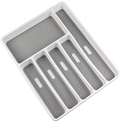 LeMuna Silverware Organizer Tray for Drawer, 6 Compartment Kitchen Drawer Organizer, Soft Grip Lining and Non-Slip Rubber Feet, Flatware Plastic Cutlery Tray