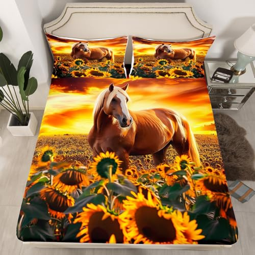 Erosebridal Brown Horse Bed Sheet Set Twin XL for Kids Adult Room Decor Modern Sunflower Bedding Set with Sunset,3D Print Wild Animals Pattern Fitted Sheet with Pillocase Soft Cowboy Horse Bed Cover