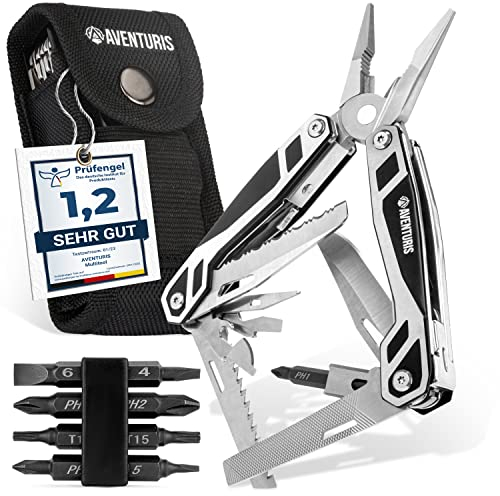 AVENTURIS® Multitool-Werkzeug-Edelstahl mit 21 Funktionen. Ein Multifunktionswerkzeug DAS gadgets für männer, Multitool mit klappmesser, Zange und Schraubendreher, Multifunktionstool