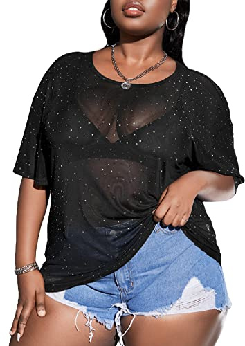 MakeMeChic Women's Plus Size Concert Outfits Fishnet Tops Black Rhinestone Sheer Short Sleeve Summer Tops A Black Sequin XX-Large Plus