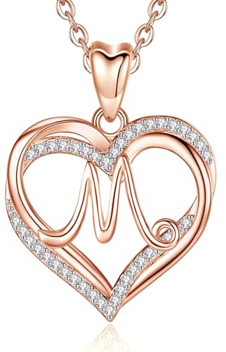 INFUSEU Collana con Lettera in Oro Rosa per Donna, M Ciondolo Cuore Iniziale Senza Collo Cubic Zirconia CZ Gioielli Regali di Compleanno Romantici per Lei, Catena da 20 Pollici