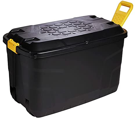 STAR SUPPLIES Strong Black XL Heavy Duty Storage Trunk With Wheels Lid & Handles Indoor Outdoor Storage Box (145 Litre, 1 Storage Box)