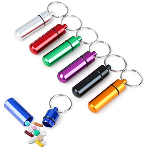 7 Stück Tragbare Mini-Pillendosen, Aluminiumlegierung Pillenflasche 7 Farben in 7 Tagen, Pillendose mit Schlüsselanhänger Wasserdichte Kapsel Pillenbox Tablettenbox Pillenhalter für Reise Camping