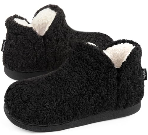 FamilyFairy Women's Memory Foam Boots Slippers Warm Shearling Bootie Soft Plush Fleece Comfy House Shoes Outdoor Indoor Rubber Sole Black, 5-6