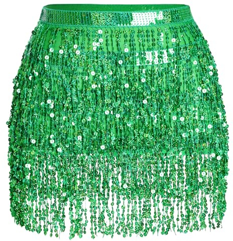 Jerbro Women's Belly Dance Skirt with Sequin Hip Scarf & Tassel - Wrap Cowgirl Rave Costume (UK, Alpha, M, Regular, Green)