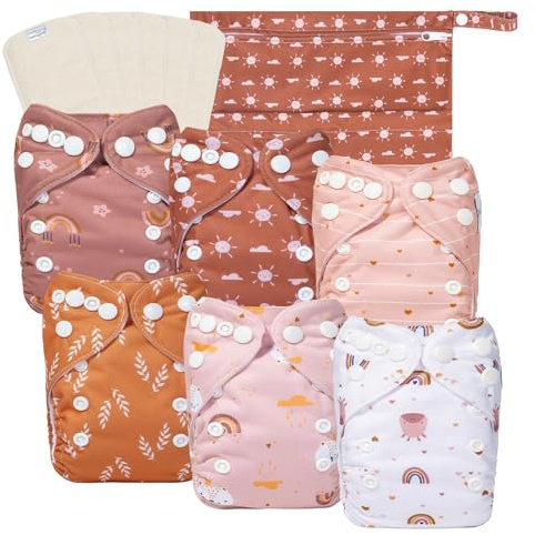 babygoal Newborn Cloth Diapers Pack of 13 for 5-12lbs Preemie Girl, Cloth Diaper Covers 6 Pack with 6pcs Inserts and Wet Bag, Reusable Washable & Waterproof